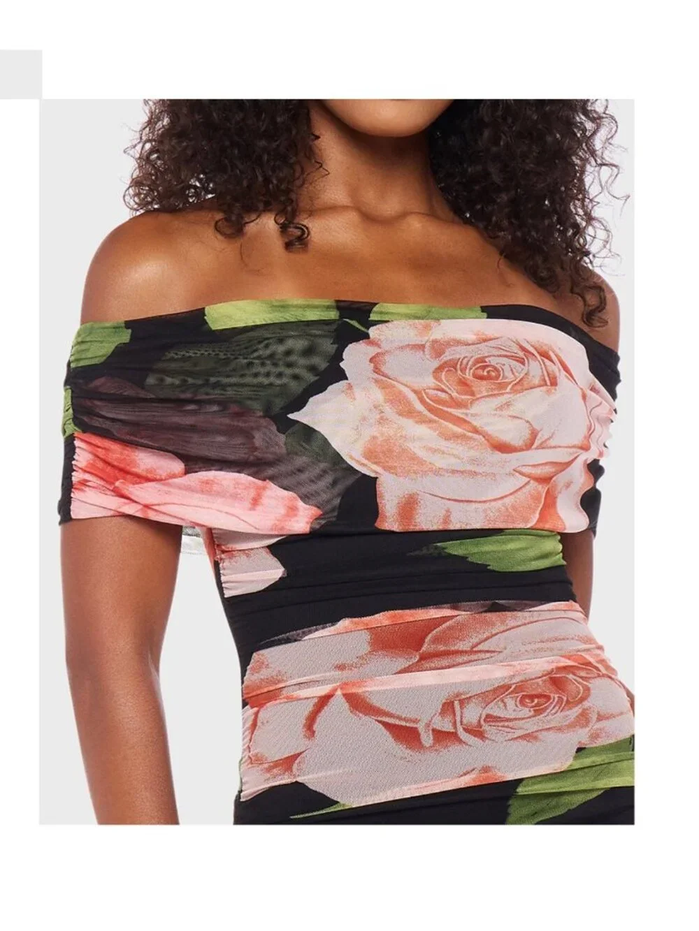 Floral Off-Shoulder Midi Dress By B. Darlin - Black & Peach - Ruched Design - XS